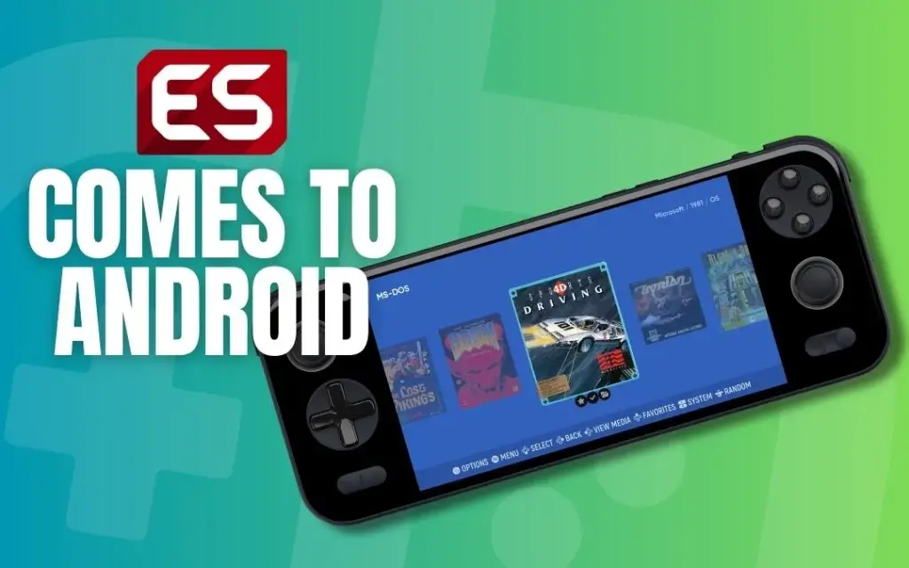 A thumbnail featuring a mock-up of the AYANEO Pocket S running EmulationStation-DE. Text on the top-left reads: "[ES-DE] comes to Android".