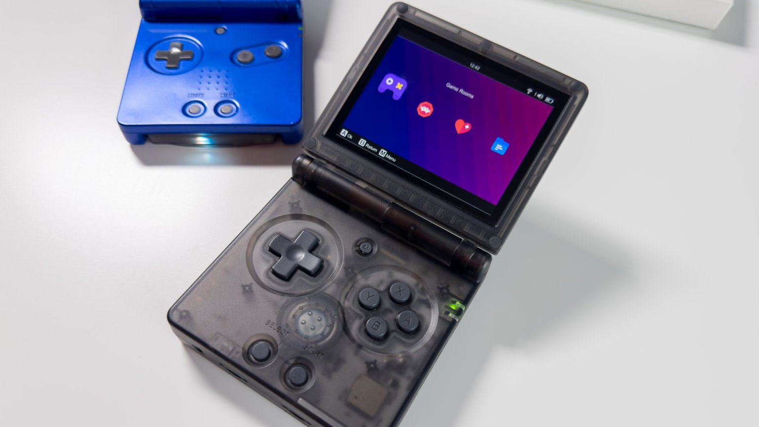 Anbernic RG35XX SP open on desk