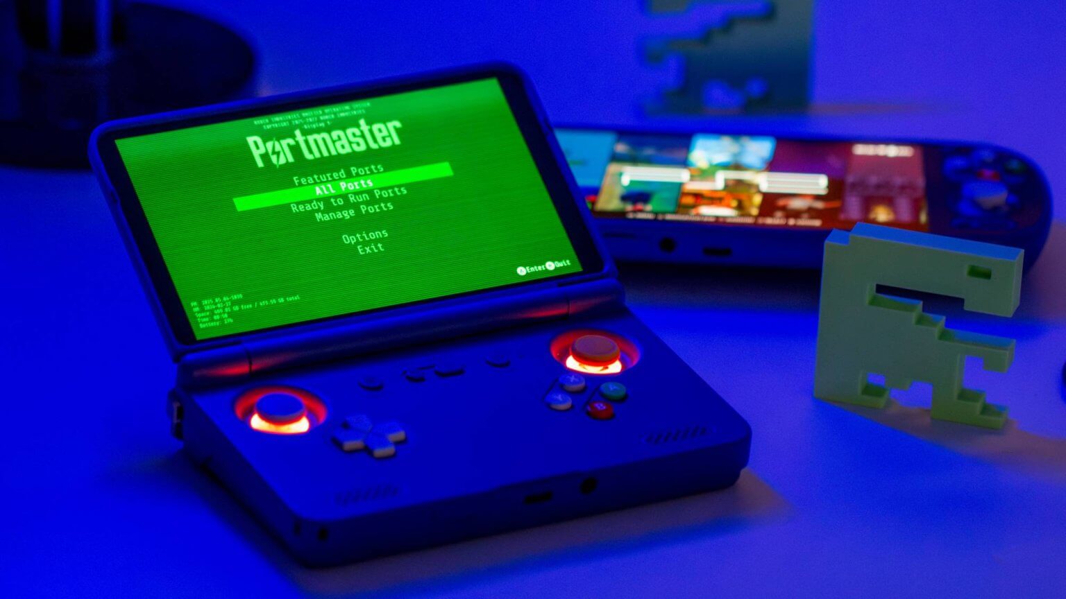 ROCKNIX running PortMaster on Retroid Pocket Flip 2 with Retroid Pocket 5 in background