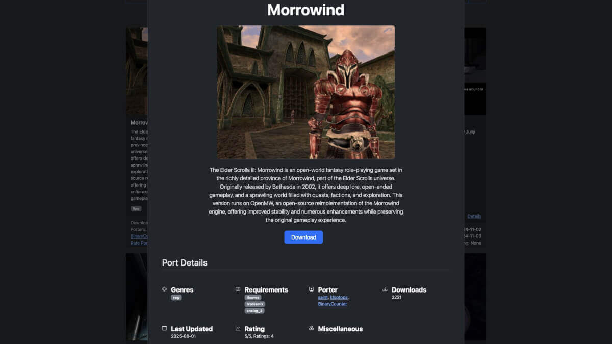 Morrowind Listing on PortMaster Website