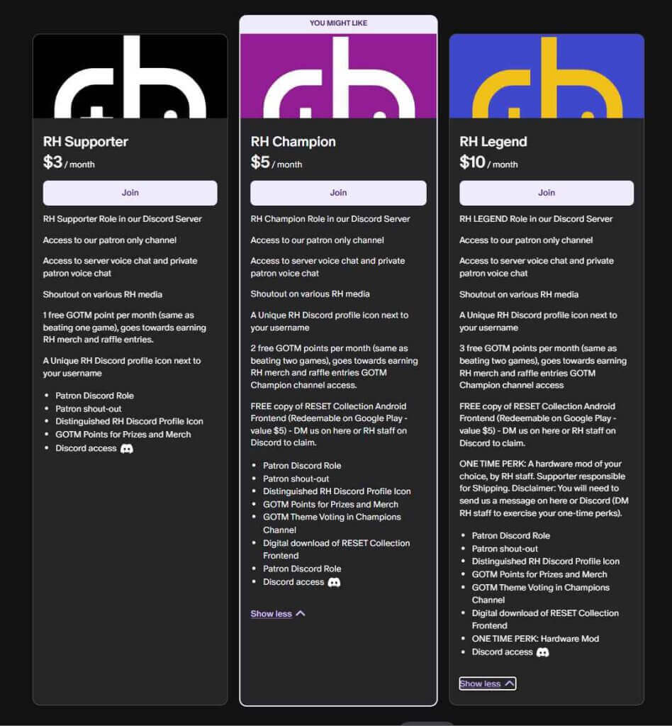 Retro Handhelds Patreon Membership Tiers