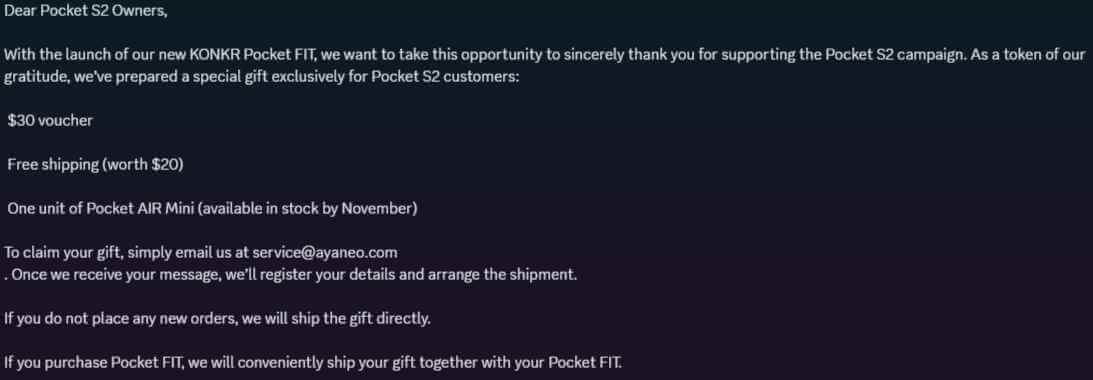 AYANEO Message regarding Pocket S2 Backers
