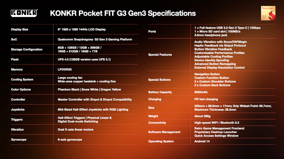 KONKR Pocket FIT G3 Gen 3 Specs Sheet