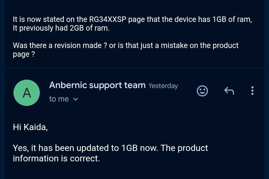 Anbernic Support Email about RG34XXSP RAM Change