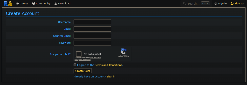 RetroAchievements Sign Up