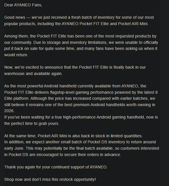 AYANEO Restock Announcement