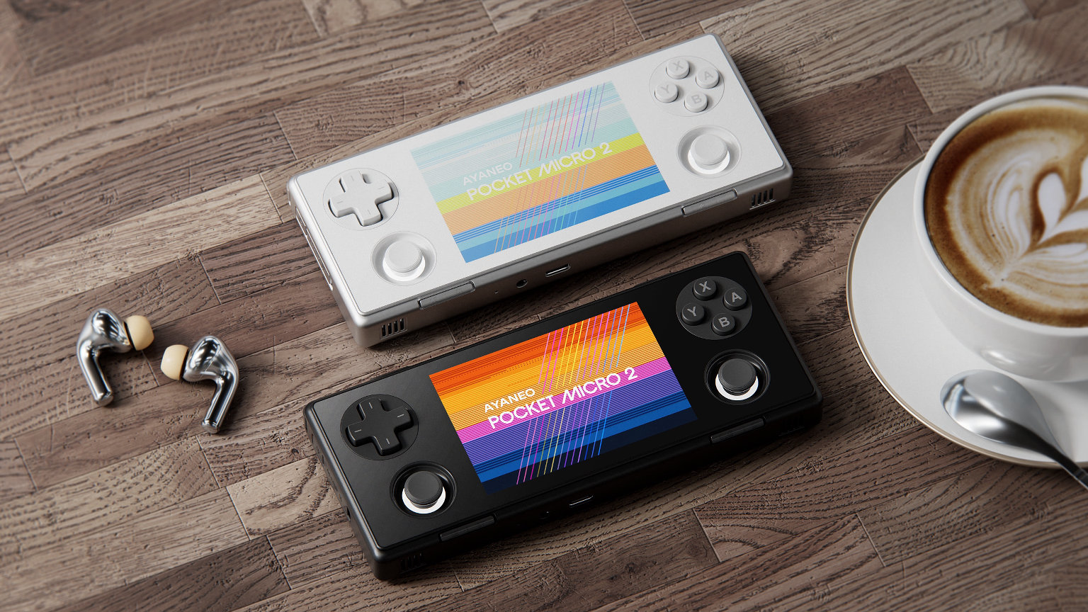 AYANEO Pocket MICRO 2 Frosty White and Midnight Black Lifestyle Render | Retro Handhelds AYANEO Pocket MICRO 2 Frosty White and Midnight Black Lifestyle Render