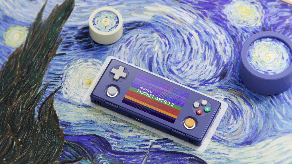 AYANEO Pocket Micro 2 Stardust Purple Lifestyle Render