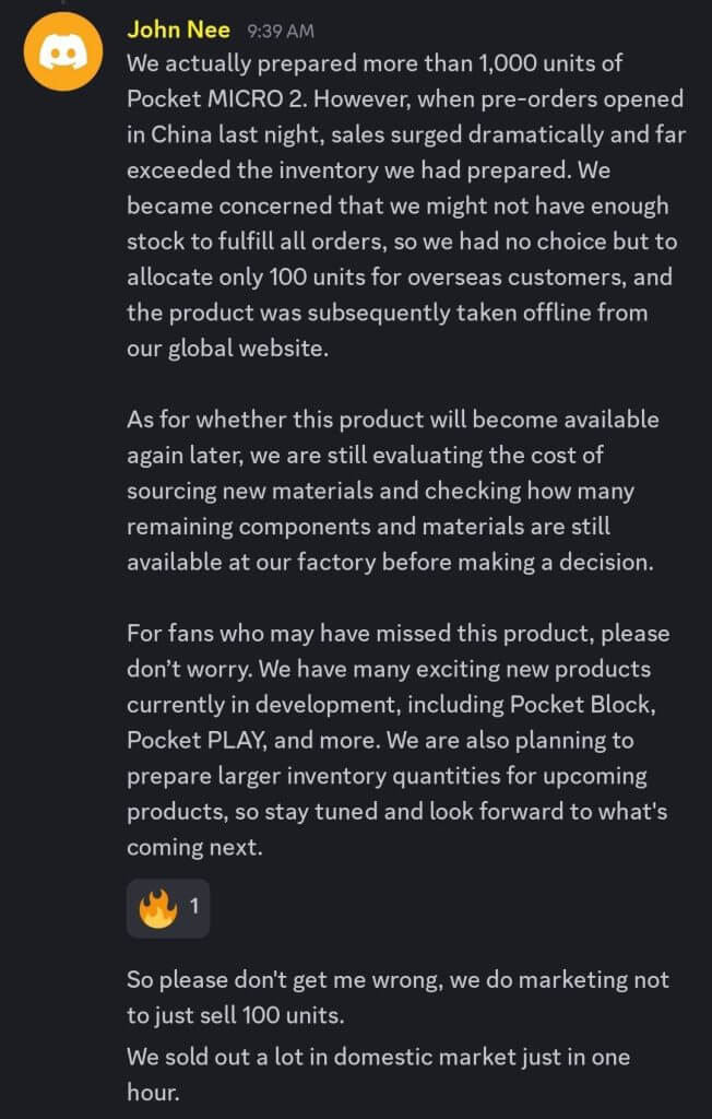 Discord post by John Nee about stock shortages for Pocket MICRO 2 and upcoming products with a future restock plan.
