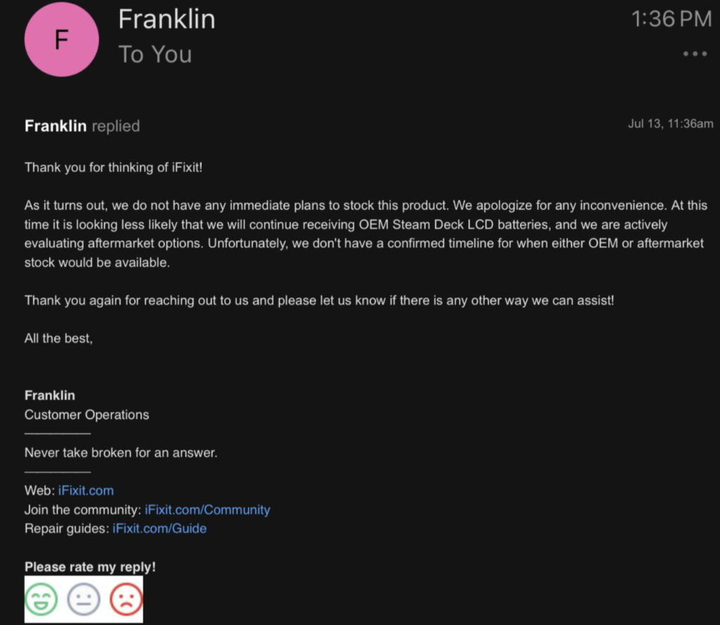 iFixIt-Support-Responsepng | Retro Handhelds Steam Deck iFixIt Support Response