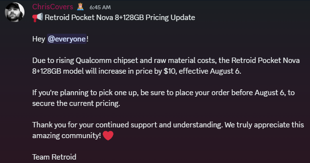 Retroid Pocket Nova Price Increase Announcement