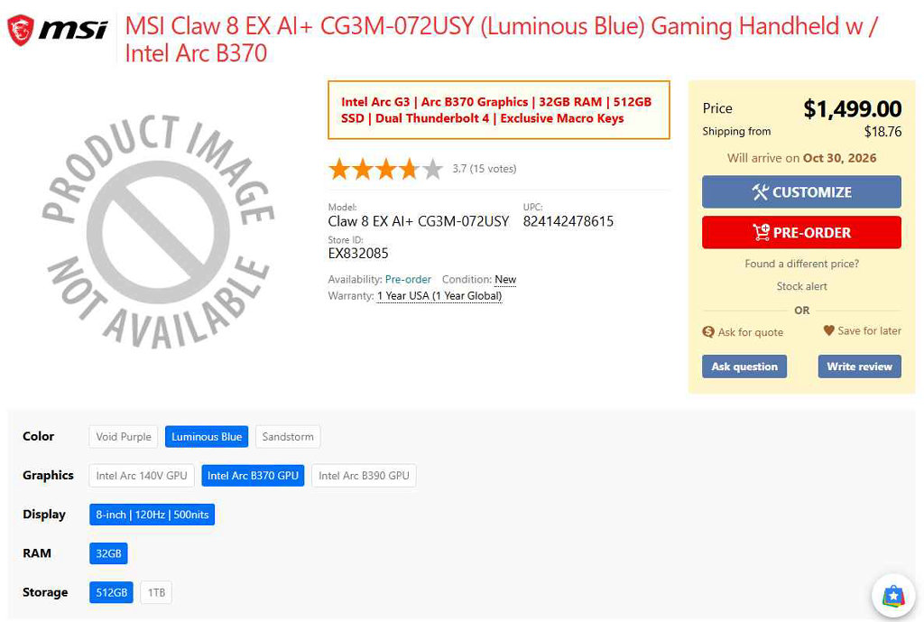 MSI Claw 8 EX AI Plus Intel Arc G3 Listing at EXClaiber PC 1024x689 | Retro Handhelds MSI Claw 8 EX AI Plus Intel Arc G3 Listing at EXClaiber PC 1024x689